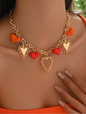 💎 NEW 💎 Gold Heart Charm Necklace with Red and Orange Accents 💎